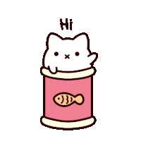 a cartoon cat is sticking its head out of a can of cat food and says hi .