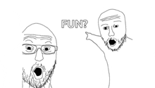 a black and white drawing of a man with glasses and a beard with the words fun above him