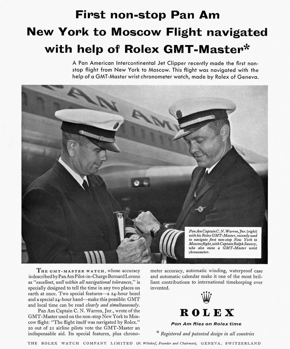 Anuncio de Rolex GMTMaster con motivo del primer vuelo directo de Pan Am de Nueva York a Moscú