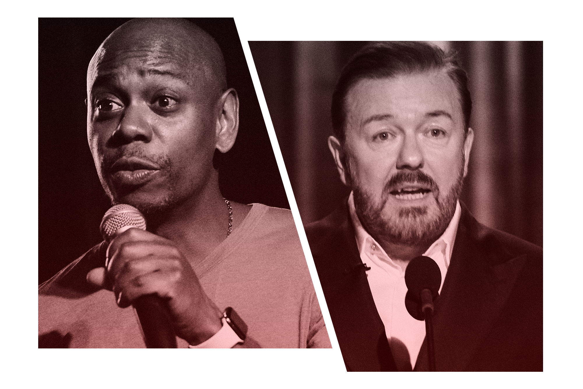 Image may contain Face Human Person Dave Chappelle Ricky Gervais Advertisement Collage Poster Head Suit and Coat