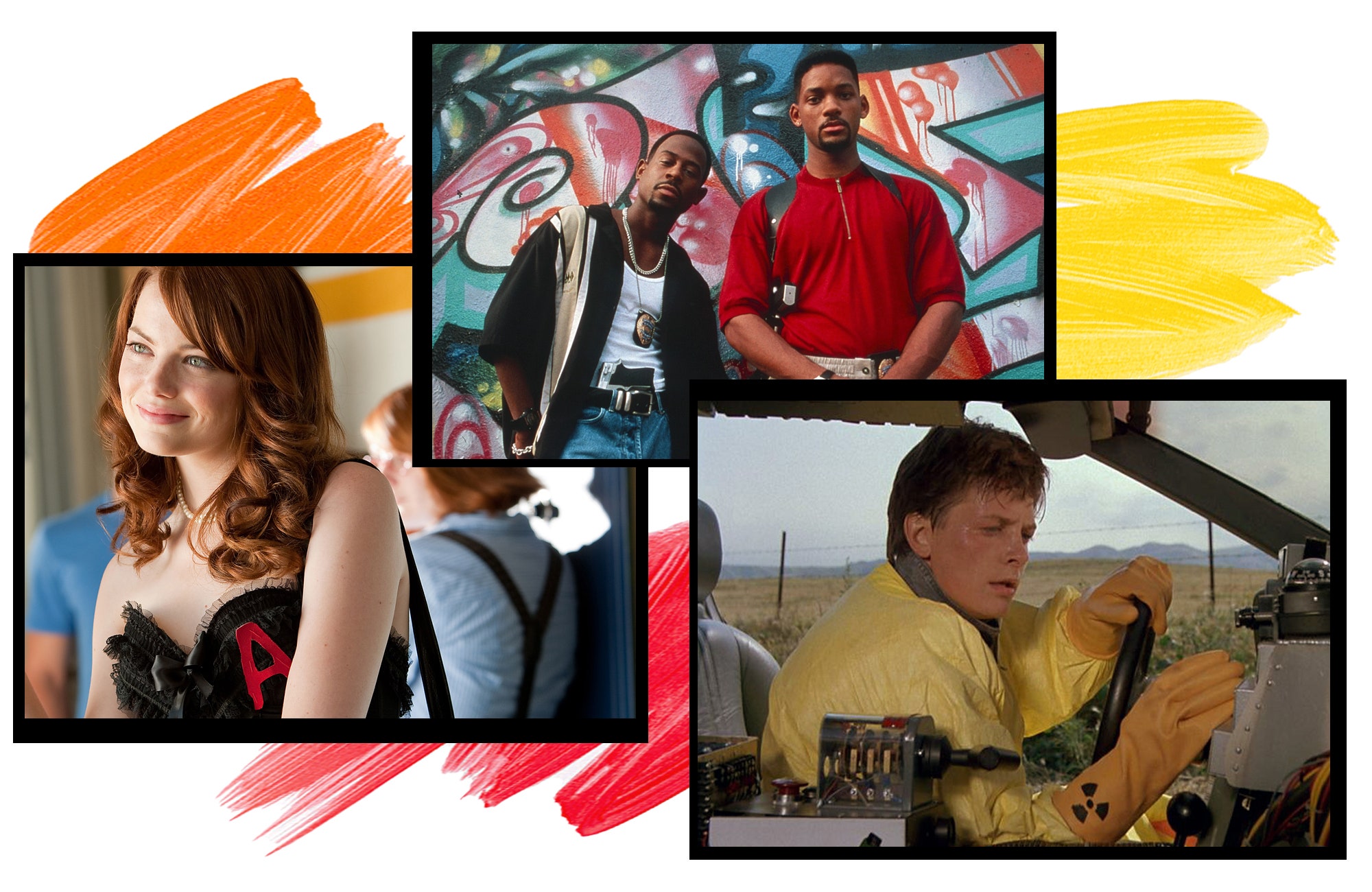 Image may contain Emma Stone Michael J. Fox Will Smith Martin Lawrence Art Collage Clothing Glove Person and Teen
