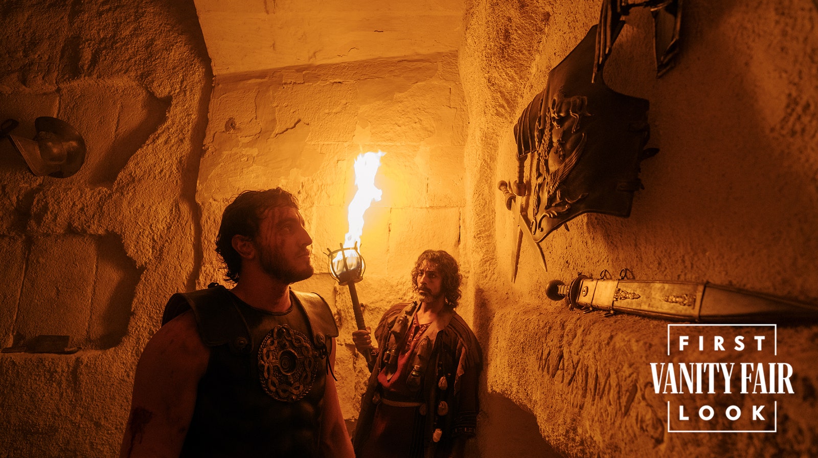 Paul Mescals Lucius looks upon the arena armor worn by Russell Crowes Maximus in the original Gladiator.