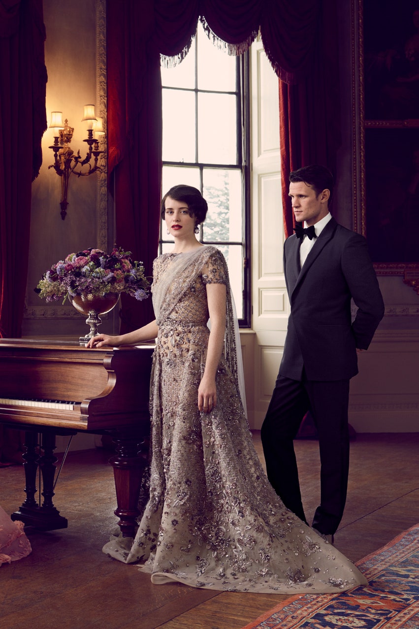 Image may contain Clothing Apparel Claire Foy Matt Smith Ben Miles Human Person Evening Dress Fashion and Gown