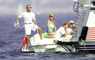 Princess Diana and Dodi Al Fayed on a yacht in St Tropez with Prince William.