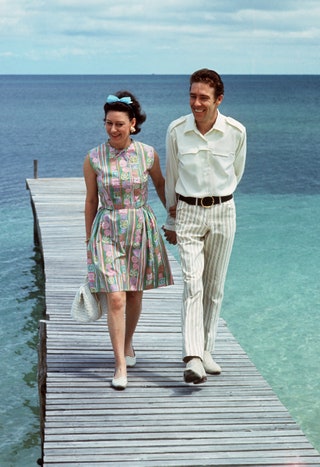 Princess Margaret on a pontoon in the Bahamas with her husband the Earl of Snowdon.