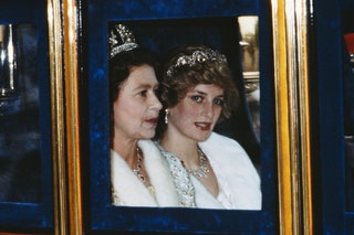 Image may contain Diana Princess of Wales Human Person Clothing Apparel and Elizabeth II