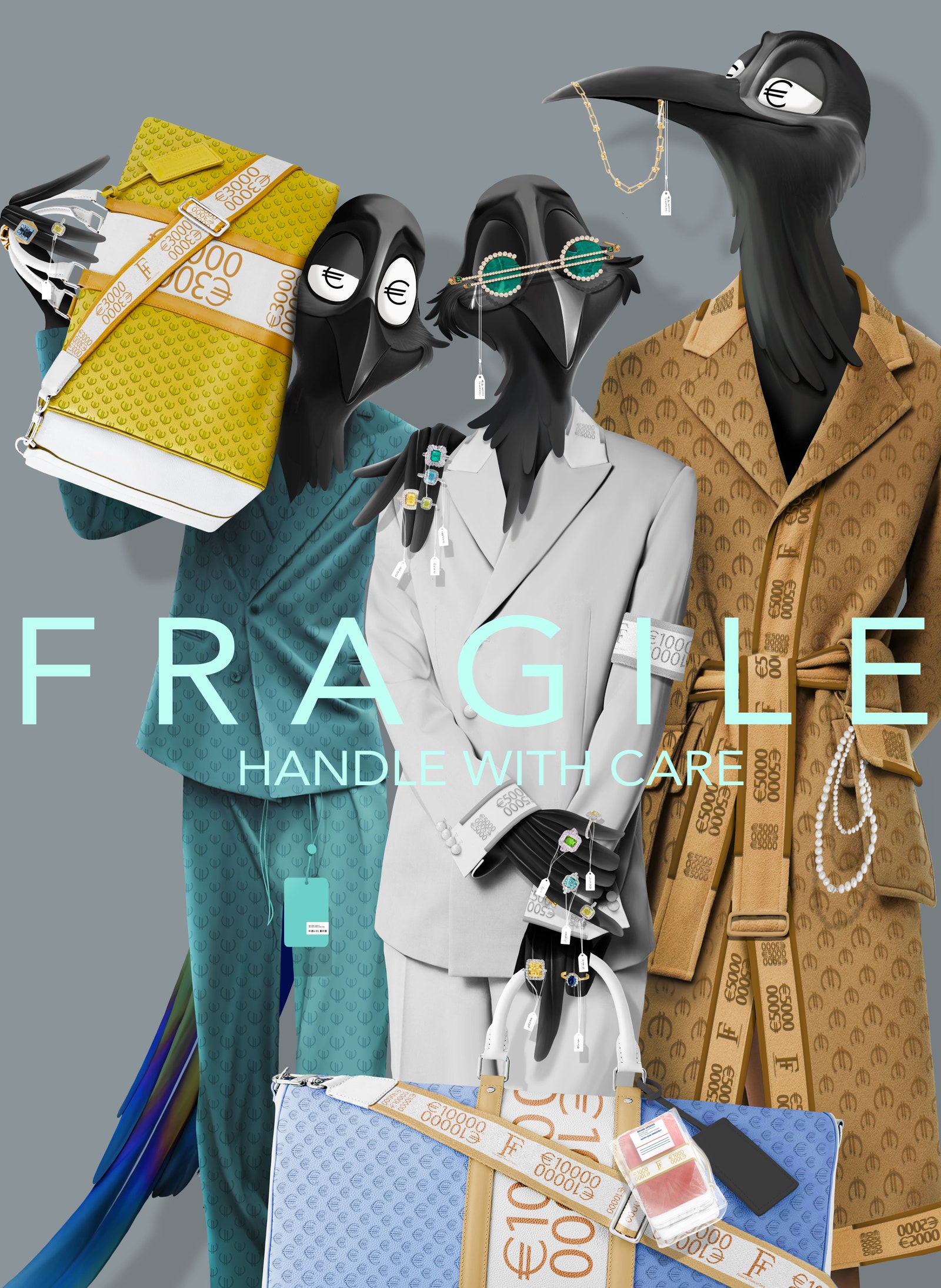 多才多藝的 Mike Frederiqo 推出新作《 Fragile Handle With Care 》，應該是穿著華服的人台以鳥的頭像替代，因為鳥兒最喜歡閃亮的物品。