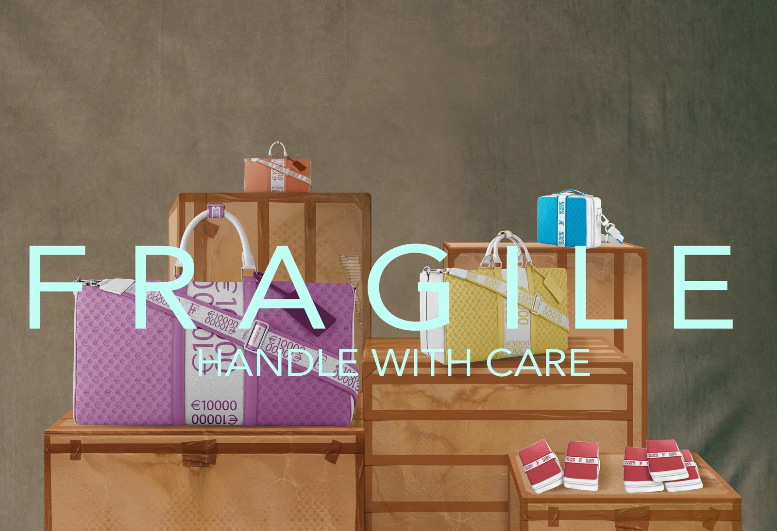 《 Fragile Handle With Care 》系列裡沒有大眾熟知的“ Monogram ”，Mike Frederiqo 自創 “ Moneygram ”佈滿物件，物件的設計或做工似乎一點也不重要，只要擺在櫥窗後就令觀者感覺價值倍增。