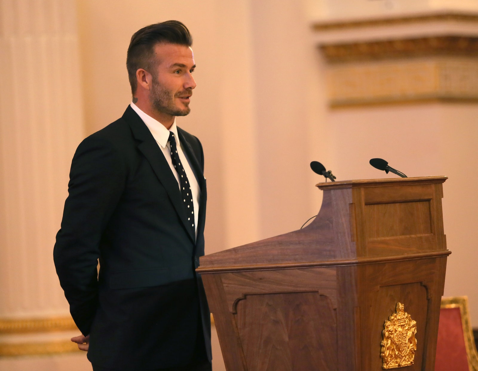 LONDONENGLAND  22 JUNE 2015 English footballer David Beckham attends ceremony for Queens Young Leaders award. Her...