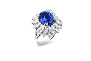 Bague orne d'une tanzanite de 413 carats et de 28 diamants navette pour 250 carats Mellerio