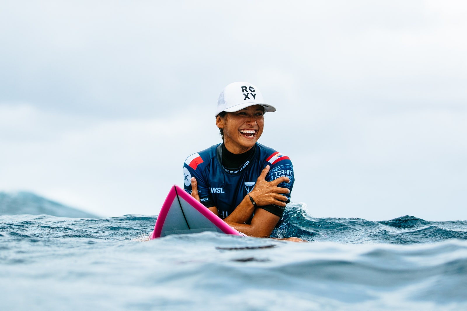 Vahine Fierro après avoir remport le SHISEIDO Tahiti Pro le 29 mai 2024 à Teahupo'o Tahiti.