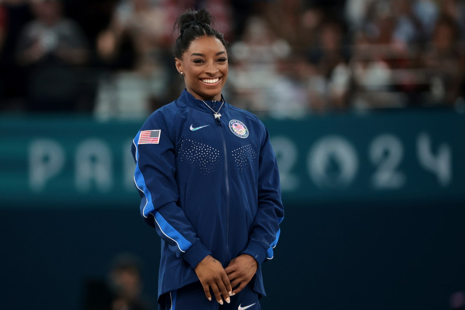 La mdaille d'or Simone Biles lors de la finale du concours gnral fminin de gymnastique artistique lors de la sixième...