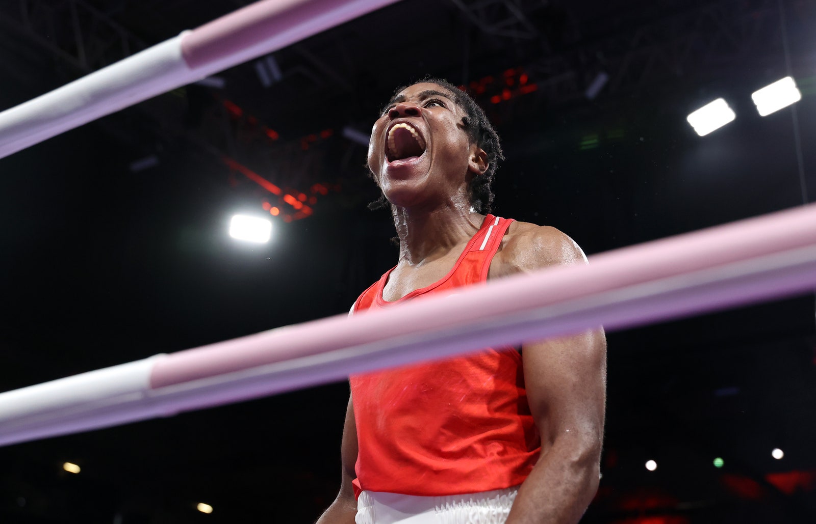 PARIS FRANCE  AUGUST 04 Cindy Winner Djankeu Ngamba of Refugee Olympic Team celebrates victory against Davina Michel of...