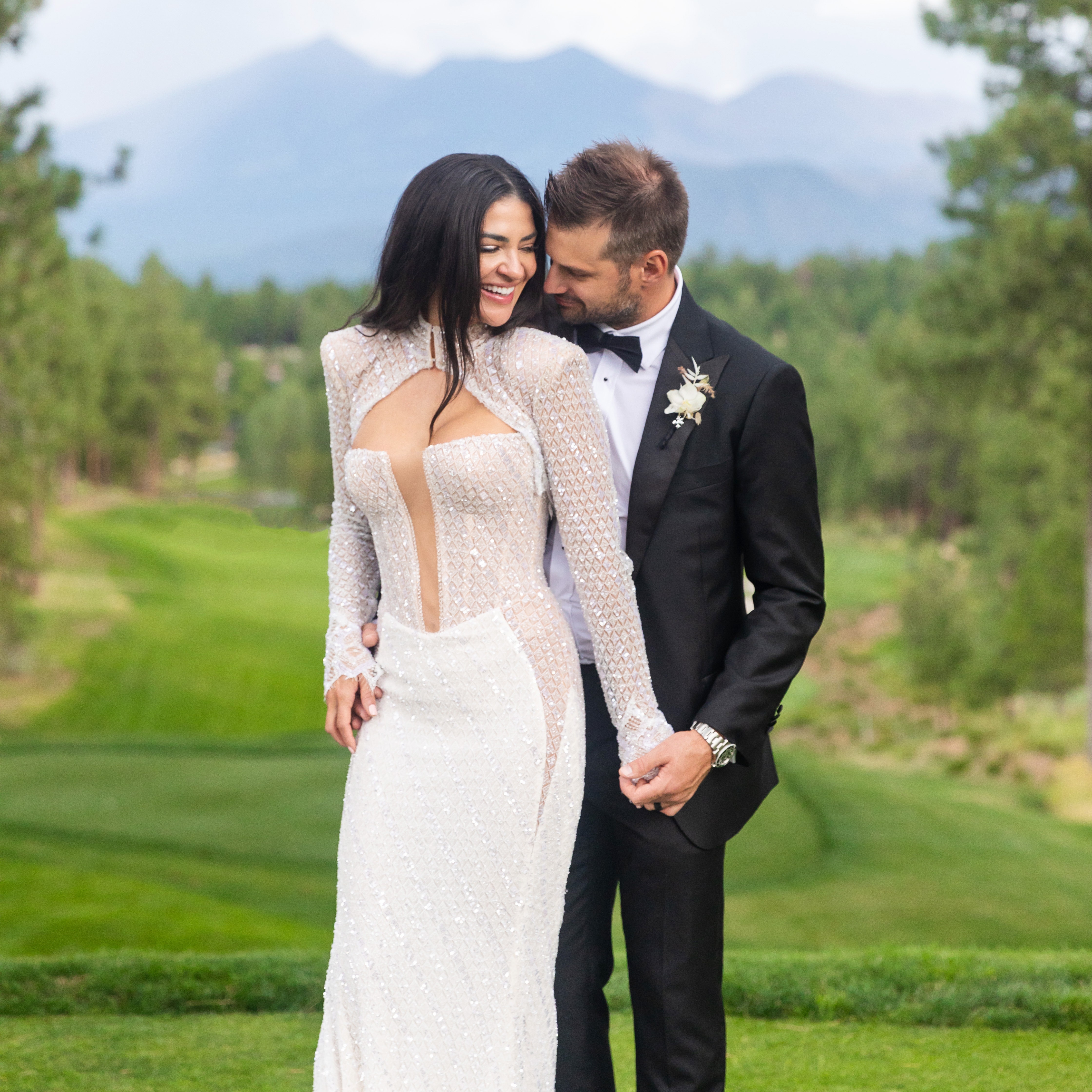 Gossip Girl actress Jessica Szohr chose a Galia Lahav wedding dress with a crystal veil embroidered with a quote by her grandfather