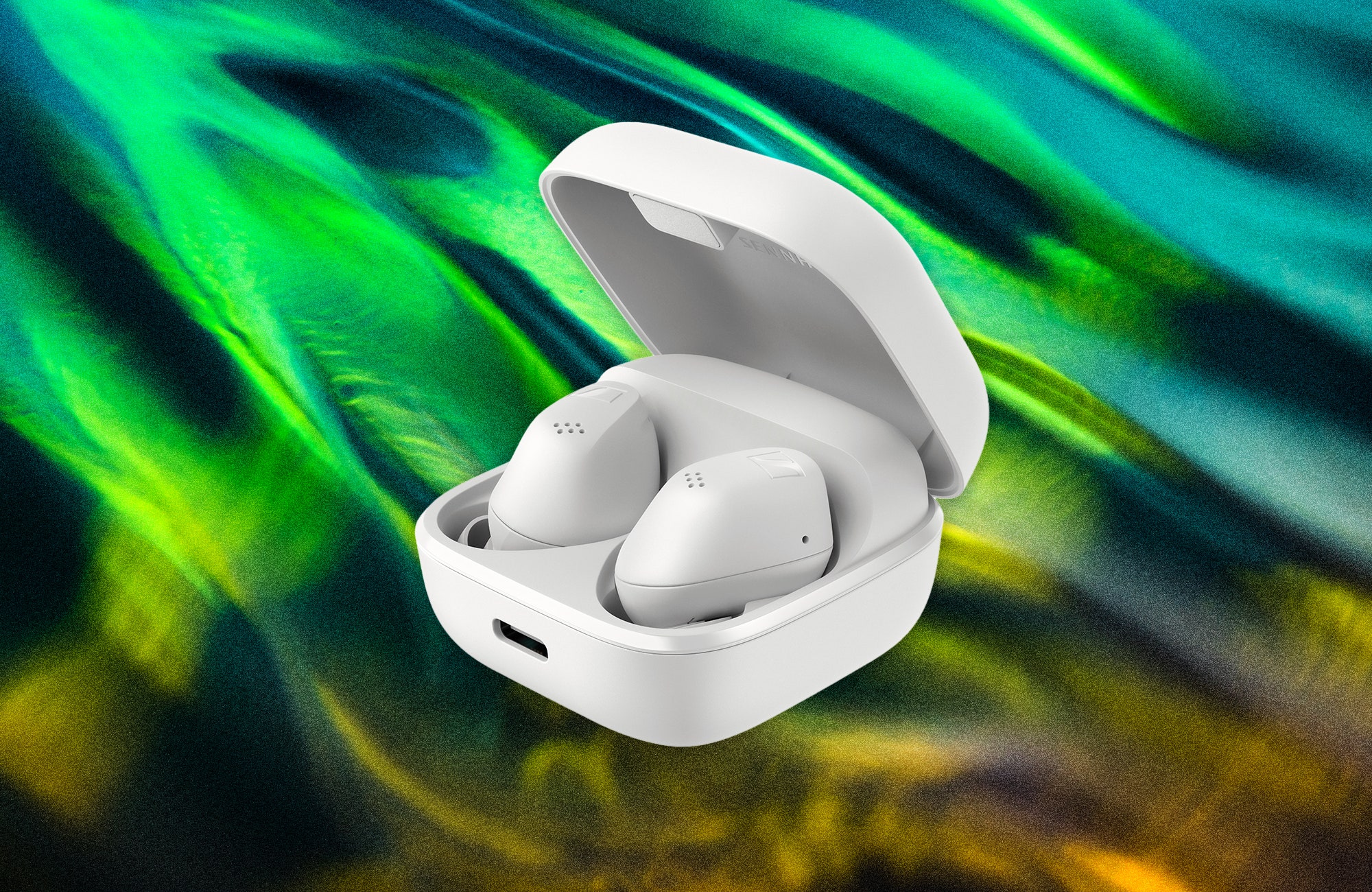 White squareshaped clamshell case opened showing two inear earbuds docked inside