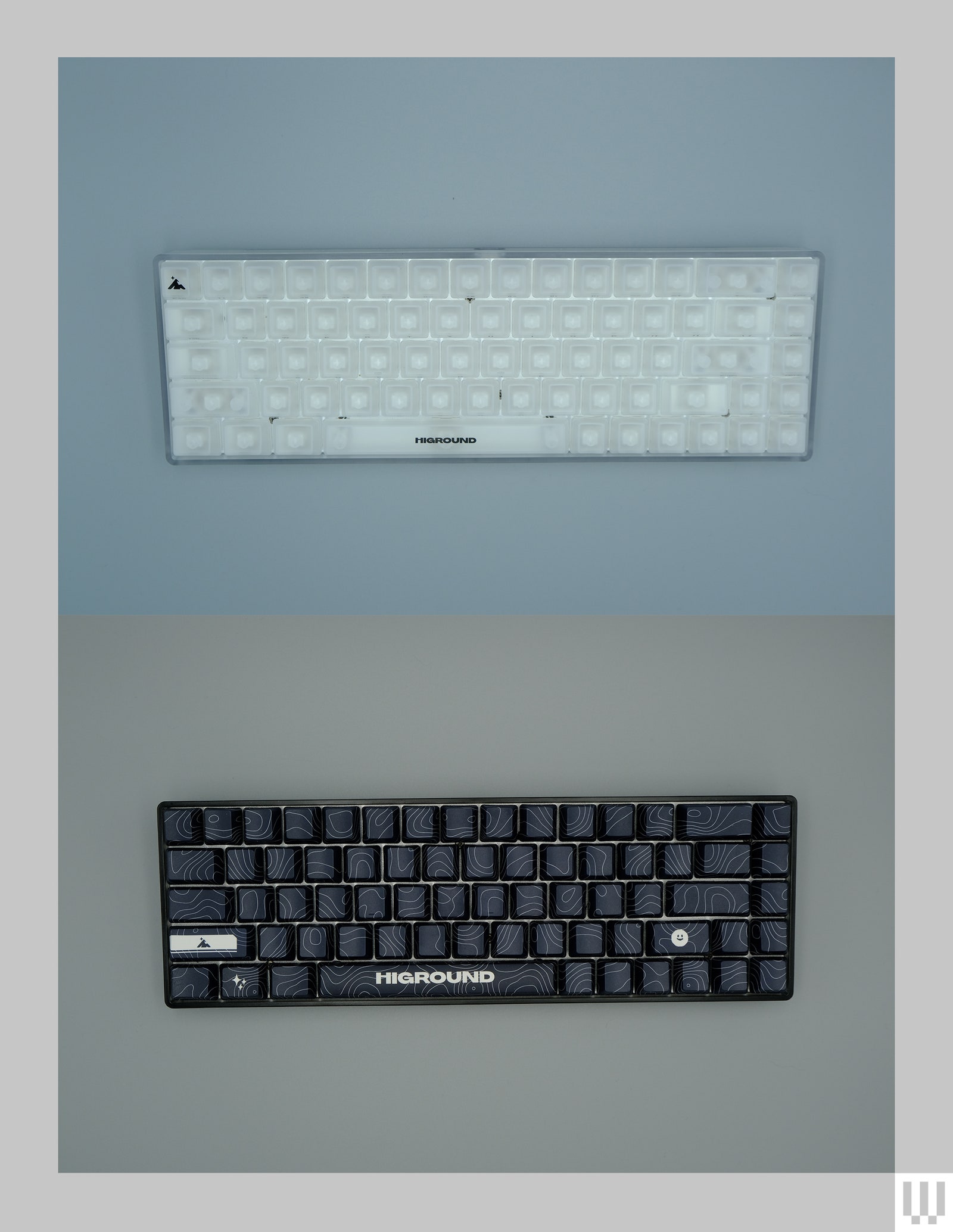 Two computer keyboards a white one on top and black on bottom
