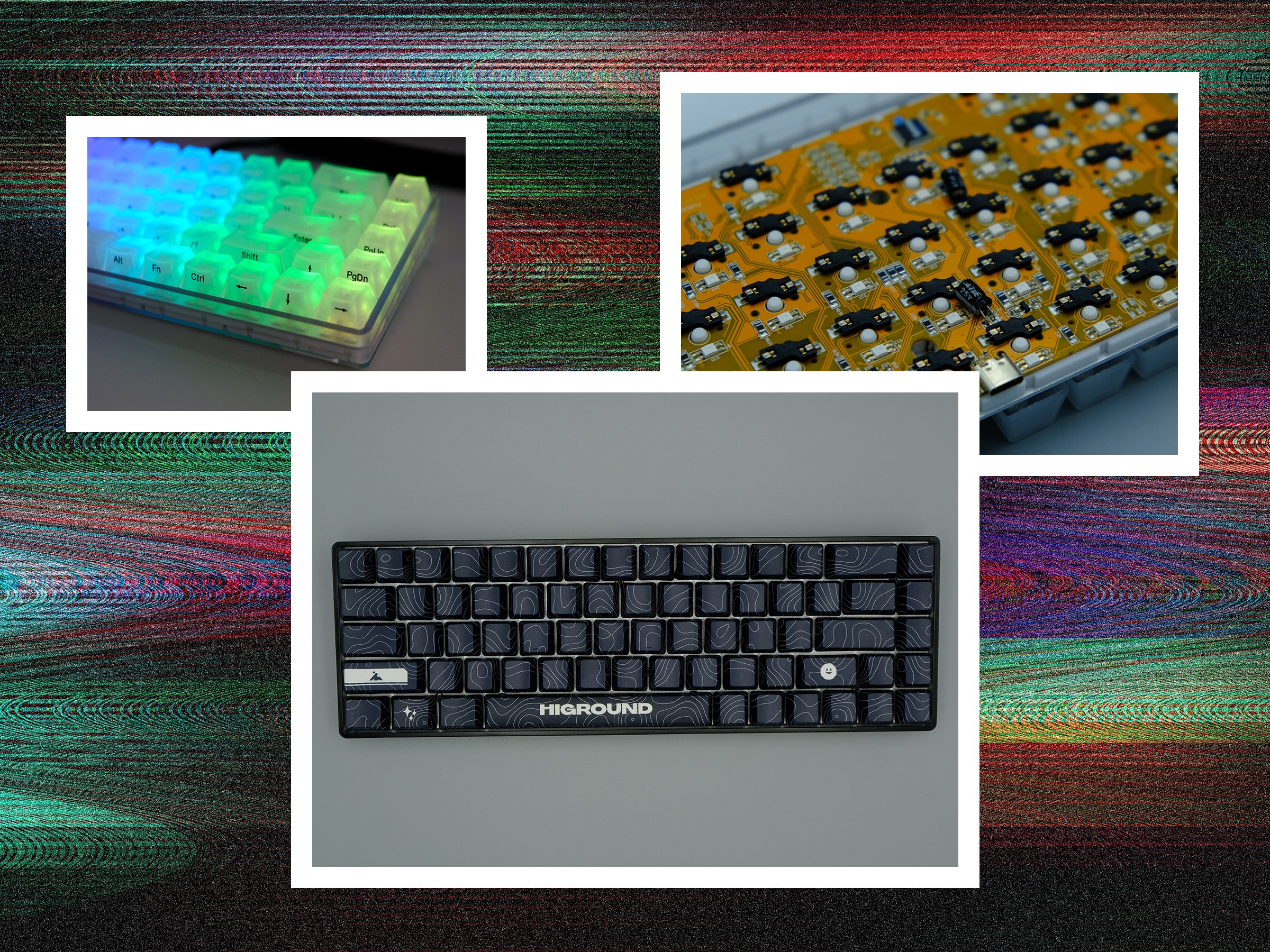 Left to right white computer keyboard with rainbow illuminated keys overhead view of black keyboard and closeup view of...