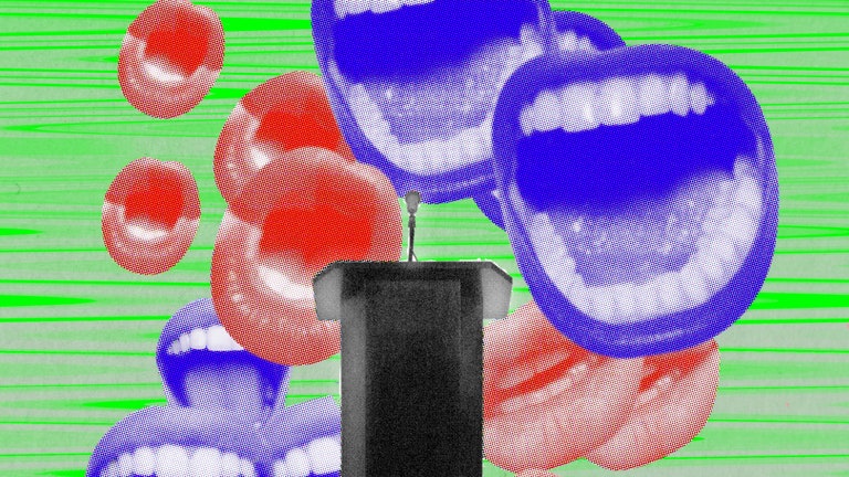 An illustration of a myriad of overlayed halftoned mouths surrounding a debate podium.