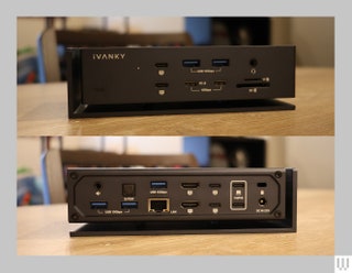 Front and back view of black rectangular device with multiple ports