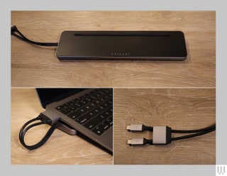 Top long flat device with a dual end cord attached. Bottom left ports plugged into the side of a laptop. Bottom right...