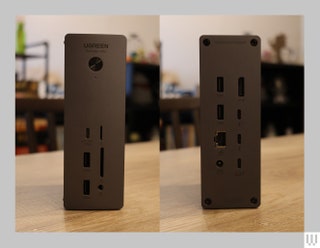 Front and back view of black rectangular device with multiple ports