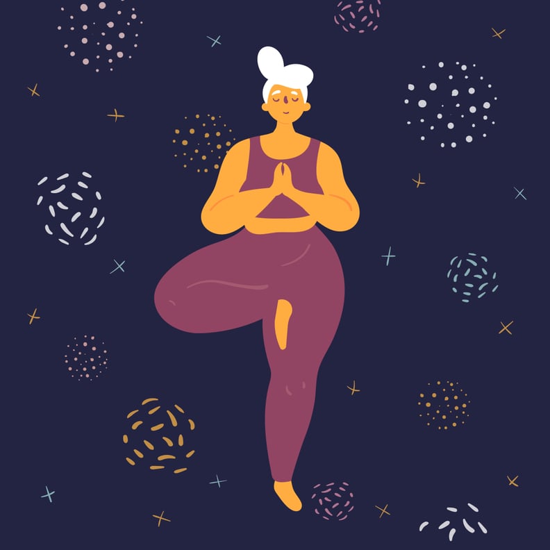 Body positive woman doing tridasana yoga. Plus size model makes asana in the space. Young girl stands on one leg.  Zen relaxation. How to do certain exercise. Flat vector illustration