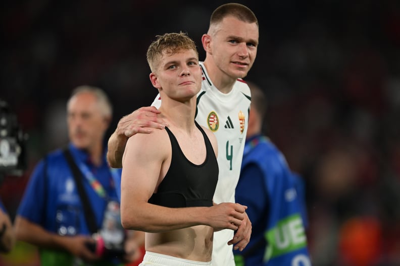 STUTTGART, GERMANY - JUNE 23: Kevin Csoboth and Attila Szalai (R) of Hungary celebrate at the end of UEFA EURO 2024 Group A football match between Scotland and Hungary at Stuttgart Arena in Stuttgart, Germany on June 23, 2024. (Photo by Gokhan Balci/Anado
