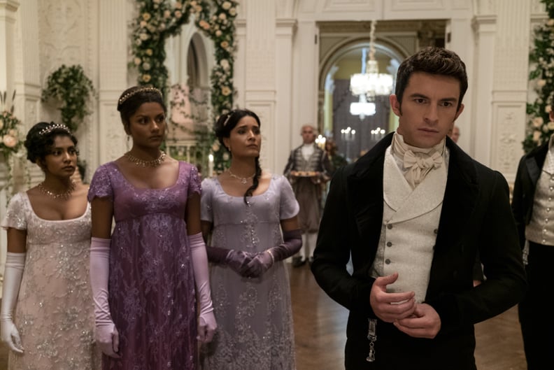 Bridgerton. (L to R) Charithra Chandran as Edwina Sharma, Simone Ashley as Kate Sharma, Shelley Conn as Mary Sharma, Jonathan Bailey as Anthony Bridgerton in episode 207 of Bridgerton. Cr. Liam Daniel/Netflix © 2022