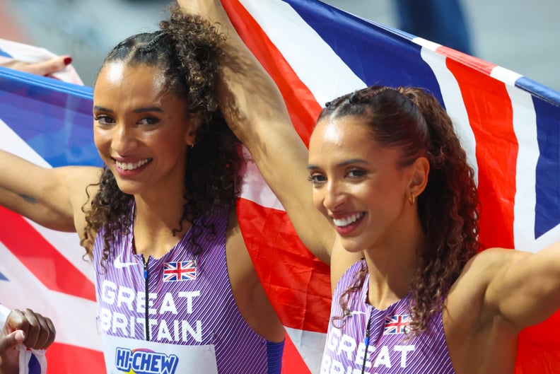 GLASGOW, SCOTLAND - MARCH 03: Laviai Nielsen and Lina Nielsen of Great Britain celebrate after winning bronze in the Women's 4 x 400m relay final during the third day of the World Athletics Indoor Championships at the Emirates Arena, on March 03, 2024, in