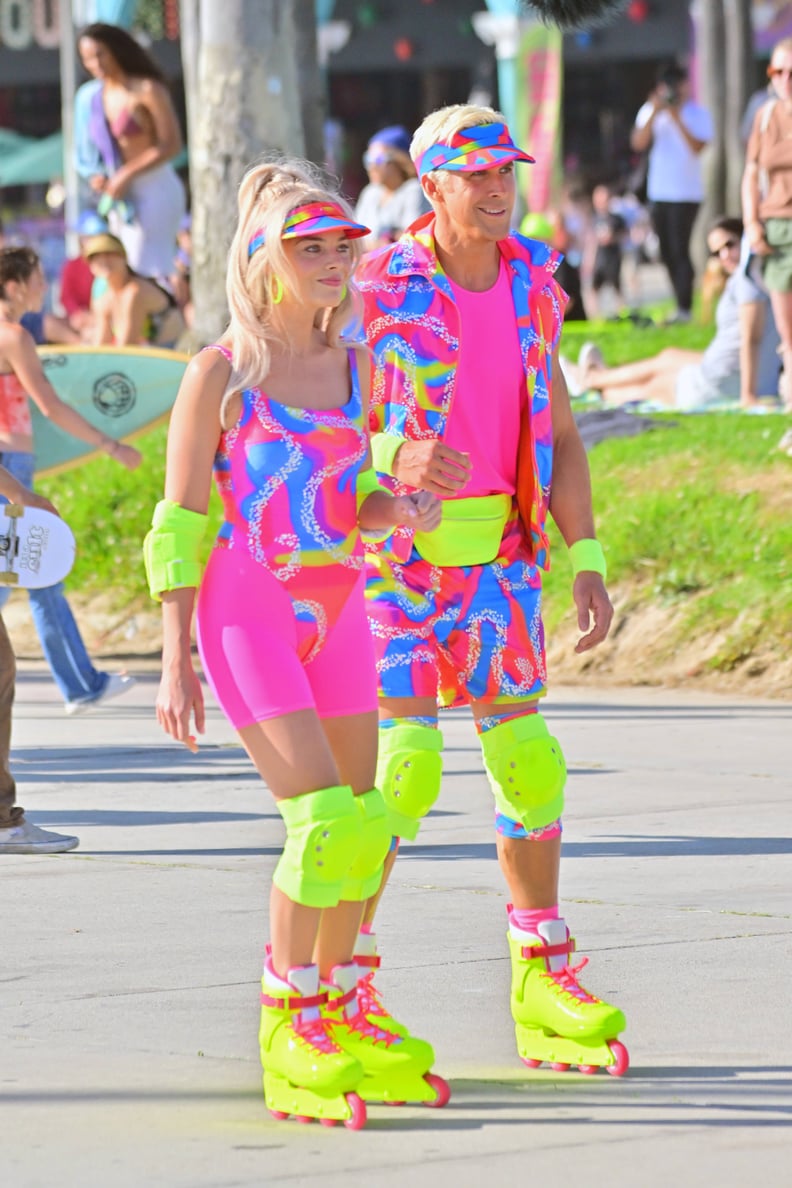 Margot Robbie and Ryan Gosling Rollerblading on the "Barbie" Set