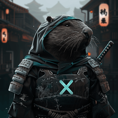 a rat wearing armor and a hood has a blue x on his chest