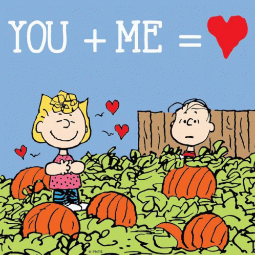 a cartoon of snoopy and lucy standing in a pumpkin patch