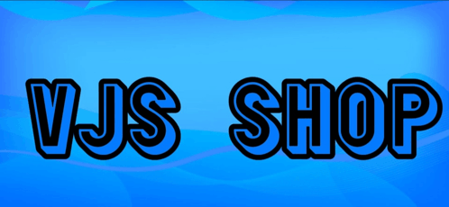 a blue background with the words vjs shop written in black