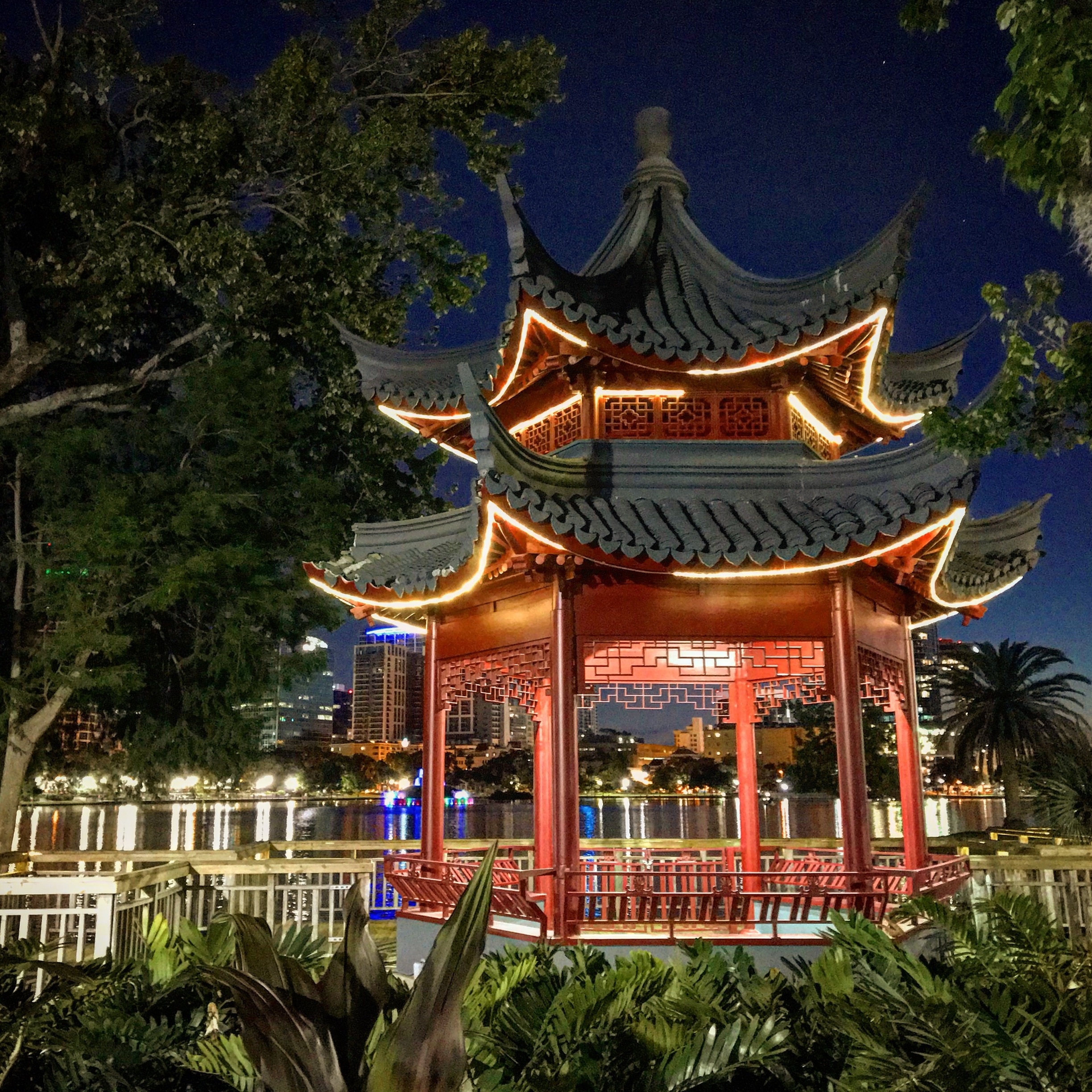 One of the often overlooked treasures in downtown Orlando. Although the Chinese Pavilion at Lake Eola may not be a typical monument, it indeed celebrates the events and situations that mark Orlando’s identity at the time of its placement twenty-five years ago. The structure, called a ting, is not only a symbol of international friendship, but also acted as a vehicle for change within the park and city itself, lending its beauty to a city-wide initiative to reinvent the image and purpose of the heart of downtown Orlando.

Dr. Nelson Ying gifted the structure in 1987. Ying, a Chinese-American scientist, businessman, benefactor, and philanthropist stated that he chose to dedicate the pavilion for two reasons: “to create a place ‘for this mayor and future mayors to entertain dignitaries,’” and “‘to make downtown more attractive to citizens.’”  #likealocal