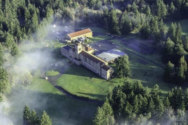 An aerial view of The Lodge at Saint Edward's State Park just outside of Kirkland, Washington's Inglewood-Finn Hill neighborhood.