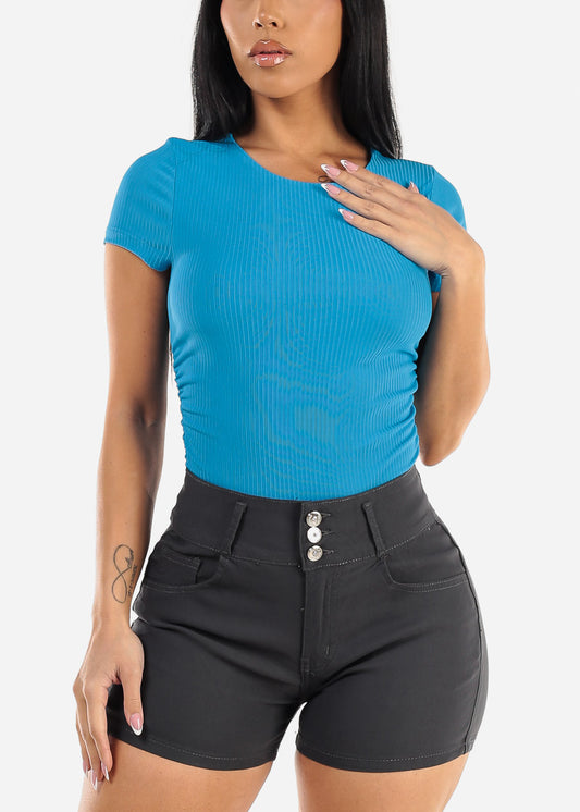 Short Sleeve Crewneck Ruched Top Aqua Blue