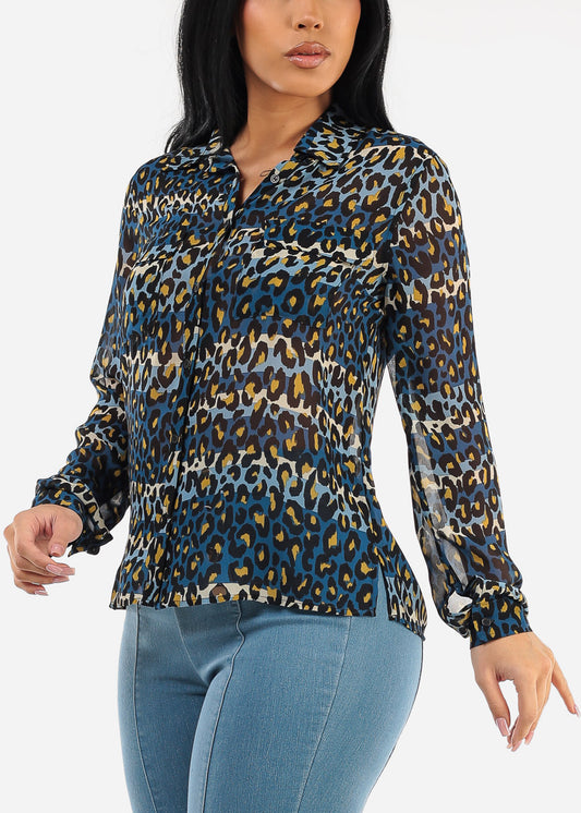 Chiffon Long Sleeve Animal Print Collared Blouse Blue