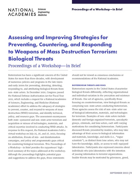 Assessing and Improving Strategies for Preventing, Countering, and Responding to Weapons of Mass Destruction Terrorism: Biological Threats: Proceedings of a Workshop–in Brief