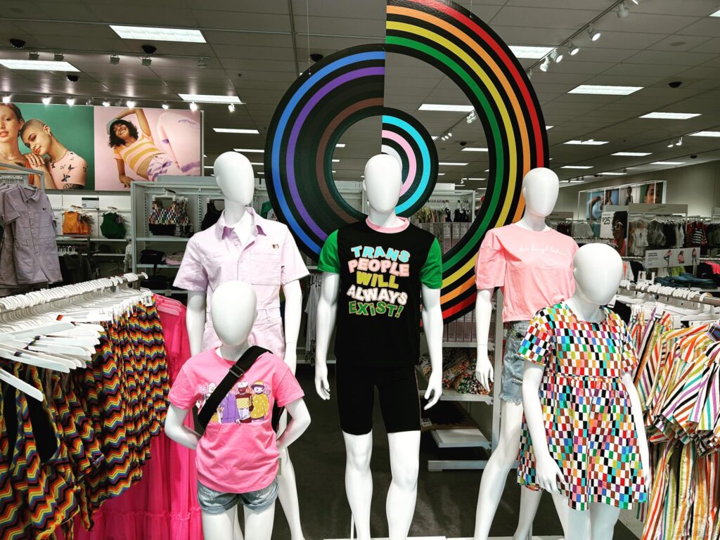 a Target store mannequin in LGBTQ pride attire