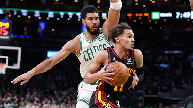 Boston Celtics forward Jayson tatum and Atlanta Hawks guard Trae Young