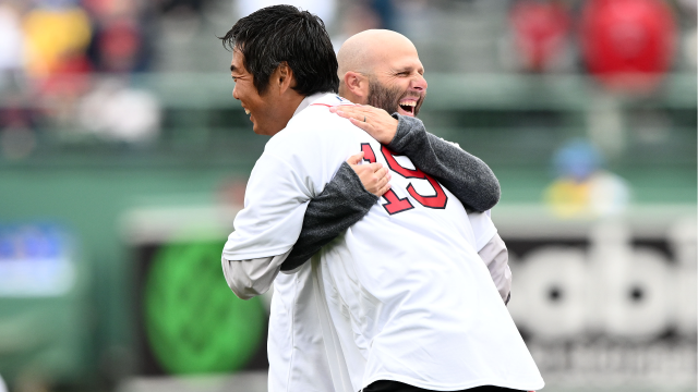 Former Boston Red Sox pitcher Koji Uehara and second baseman Dustin Pedroia