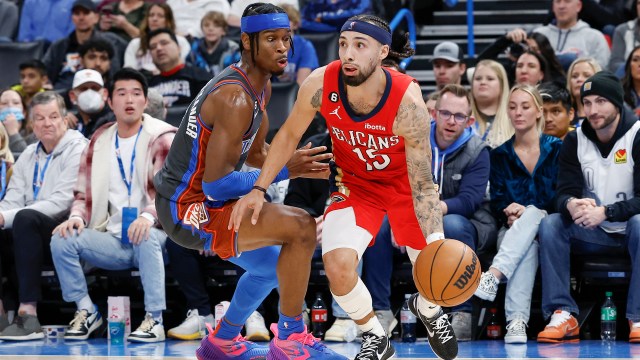 Oklahoma City Thunder guard Shai Gilgeous-Alexander and New Orleans Pelicans guard Jose Alvarado