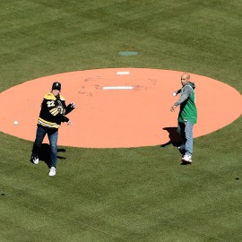 Former Boston Red Sox designated hitter David Ortiz, former Boston Bruins forward Shawn Thornton, former Boston Celtics guard Dana Barros, former New England Patriots safety Devin McCourty