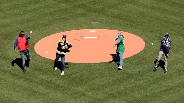 Former Boston Red Sox designated hitter David Ortiz, former Boston Bruins forward Shawn Thornton, former Boston Celtics guard Dana Barros, former New England Patriots safety Devin McCourty