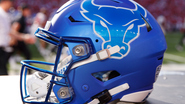 A Buffalo Bulls helmet sits on the sidelines