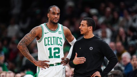 Boston Celtics head coach Joe Mazzulla and forward Oshae Brissett