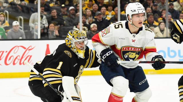 Boston Bruins goaltender Jeremy Swayman and Florida Panthers forward Anton Lundell