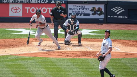 Boston Red Sox third baseman Rafael Devers and New York Yankees pitcher Gerrit Cole