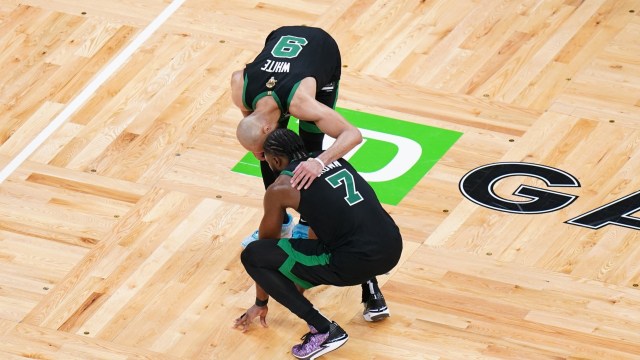 Boston Celtics guards Derrick White, Jaylen Brown