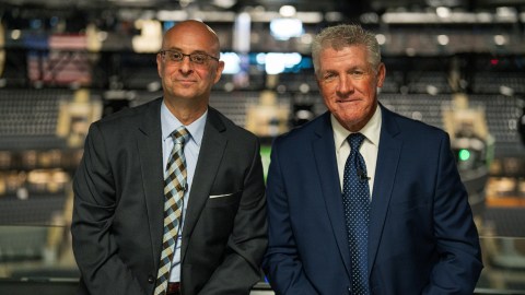 Boston Bruins announcers Judd Sirott and Andy Brickley